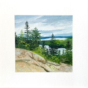 8x8 Maine Original Oil Painting Acadia Pine Trees Cadillac Mountain Rocks Signed